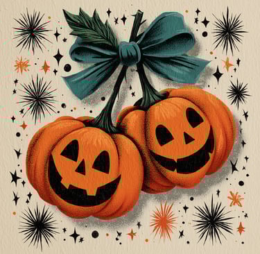 Two smiling jack-o'-lanterns with a green ribbon surround by black and orange stars create a festive