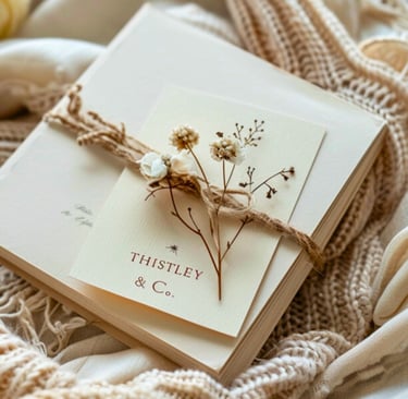 a book with a flower on it and a card with a ribbon tied to it
