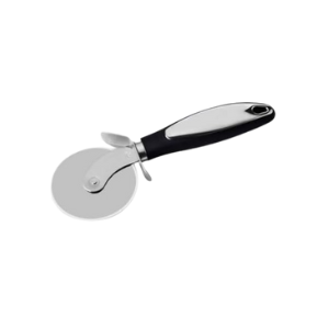 A sleek pizza cutter with a shiny stainless steel rotary blade and an ergonomic black handle