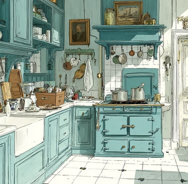 Vintage kitchen with turquoise cabinets, a large stove, and shelves filled with pots and dishes.