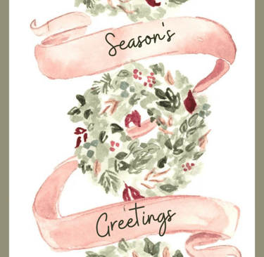 Watercolor Christmas card with three festive wreaths and pink ribbons. 