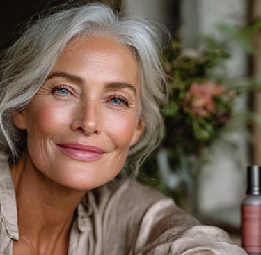 A woman with long gray hair is smiling softly. She has a relaxed expression, with natural lighting