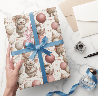 a gift wrapped in mouse-patterned paper with blue ribbon. Surrounding are blank cards, ink bottle,