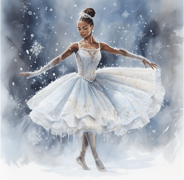A graceful Black ballerina in a sparkling blue tutu poses elegantly amid falling snowflakes. 
