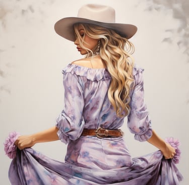 A woman with long blonde hair, wearing a wide-brimmed hat and a flowing purple dress, stands gracefu