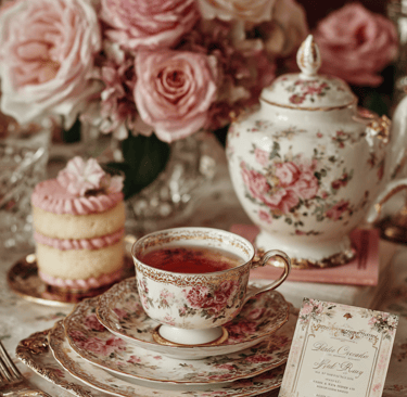 A vintage floral teacup set with tea, next to a matching teapot, delicate pink cake,flowers.