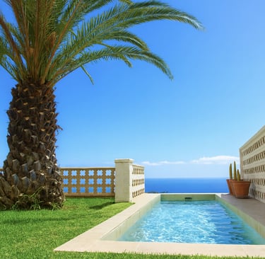 Location Bencomo Coliving Santa Úrsula Tenerife North. A palm tree and a swimming pool with sea view