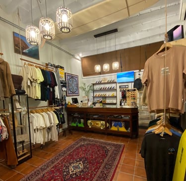 Surf shop and clothing store with a variety of clothes and accessories