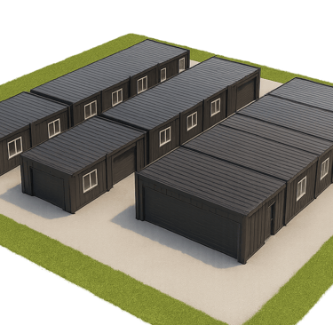 a group of three story buildings with black metal roofs