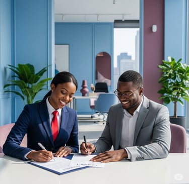 a man and woman sitting at a table with papers