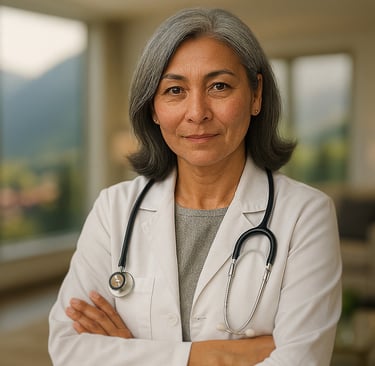 Portrait of a gray-haired female concierge doctor, standing in the lobby of her medical practice.
