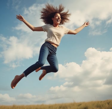 a woman is jumping in the air with her arms outstretched out