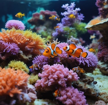 A vibrant underwater coral reef scene featuring diverse coral formations in various colors and textures. Brightly colored fish swim among the corals, with yellow, white, and black patterns. The scene is rich with marine life, including anemones and small sea plants. The intricate branches of fan corals form a natural backdrop.