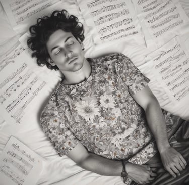 Un homme est posé sur des feuilles de notes de musique. Il est calme, serein, détendu, apaisé, relax