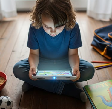 anak berbaju biru bermain tablet