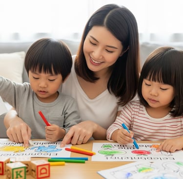 seorang ibu yang sedang mengajar 2 orang anak mewarnai dan belajar berbahasa inggris
