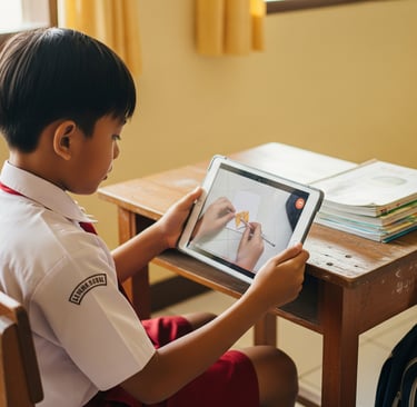 Anak Sd memegang tablet
