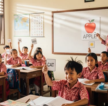 anak anak Sd sedang belajar bersama guru didalam kelas