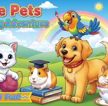 buku mewarnai dengan karakter kucing, anjing, marmut, burung dan kelinci