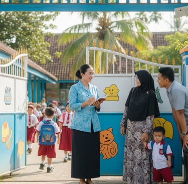 guru dan orang tua murid digerbang sekolah