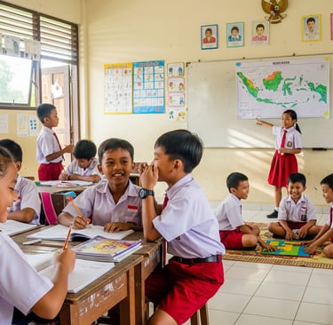 anak-anak SD yang sedang belajar sambil bermain dan diawasi oleh ibu guru.