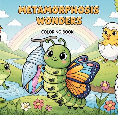 buku mewarnai hewan metamorfosis dengan karakter kupu-kupu, ulat ayam  dan katak