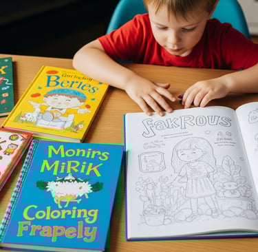 seorang anak yang duduk dan beberapa buku ada diatas meja dan salah satunya buku mewarnai