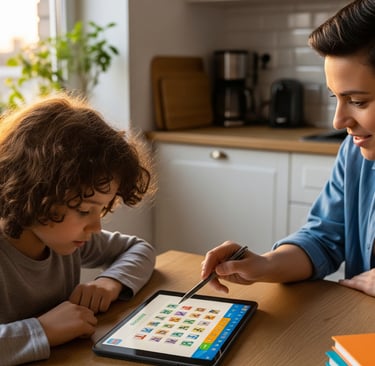 Ibu sedang mengajar anak menggunakan tablet