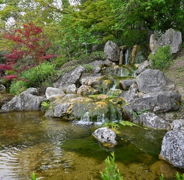 grande giardino botanico giapponese con piccole cascate 