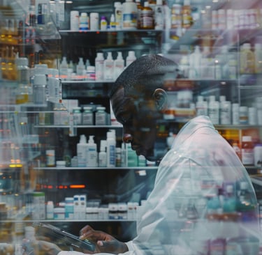 Man in labjas met een tabletcomputer, beeld van big pharma