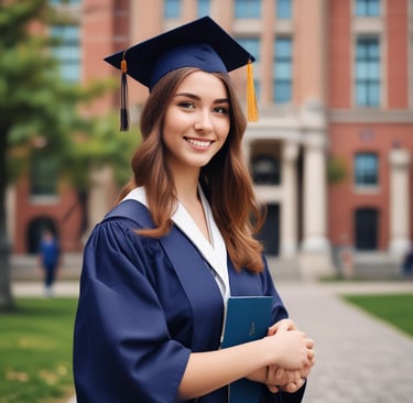 A person wearing a graduation cap and gown is standing confidently in front of a modern building with geometric patterns and a visible sign reading 'BAU'. The background also displays flags and mountains in the distance.