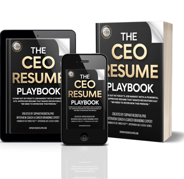 The CEO Resume Playbook digital product bundle displayed on tablet, phone, and print book mockups 