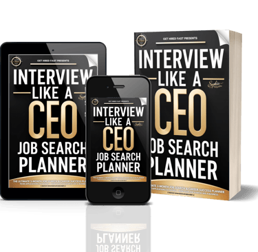 Interview Like a CEO 3-Month Job Search Planner shown as a printable and digital planner set 