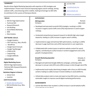 a professional seo marketing resume template