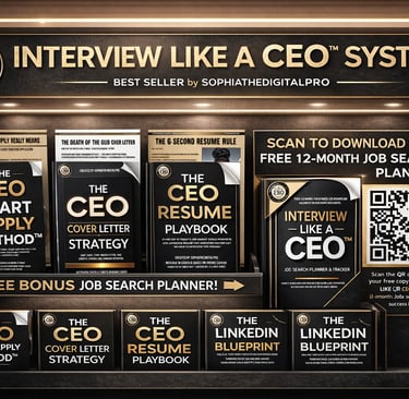 Interview Like a CEO system display featuring resume playbooks, cover letter strategies, and a LinkedIn blueprint for job