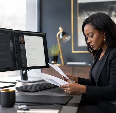 Professional female recruiter reviewing resumes on dual monitors and paper in a modern office.