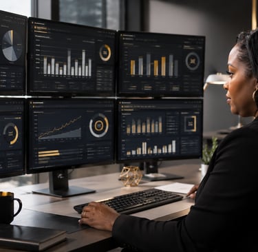 A business analyst reviews financial data and stock market trends on multiple computer monitors.