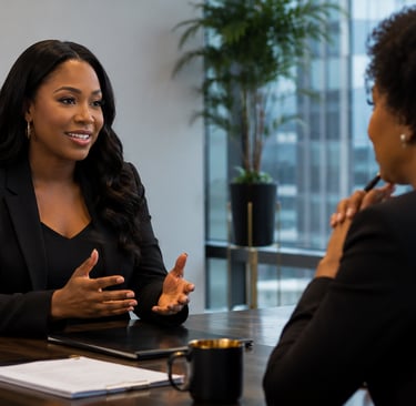 Professional Black woman in a business suit leading a corporate meeting in a modern office.
