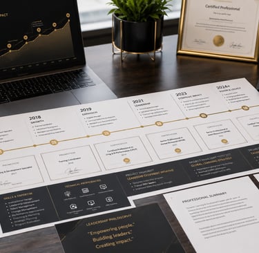 Professional career journey infographic showing growth from 2017 to 2024 with leadership skills and certificates.