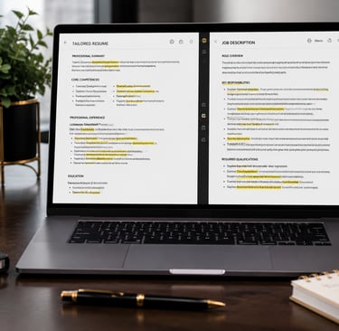 A laptop on a desk showing a split-screen resume and job description for keyword optimization.