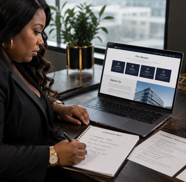 Professional Black woman taking notes for interview prep while researching a company website on a laptop.