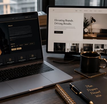 Professional web design portfolio displayed on a laptop and tablet on a modern office desk.