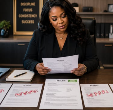 A female HR manager reviewing resumes at a modern desk with selected and rejected job applications.