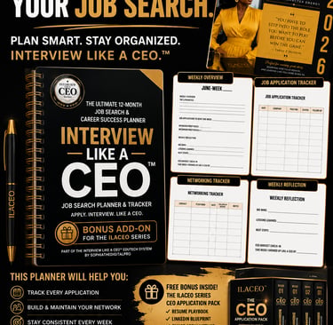 Job search planner and tracker notebook with networking logs and career success application tools.