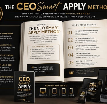 The CEO Smart Apply Method guidebook and digital devices displaying job search strategy framework.