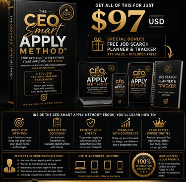 The CEO Smart Apply Method ebook bundle featuring a digital guide, job search planner, and tracker for career growth.