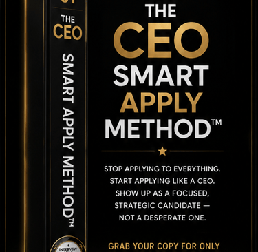 The CEO Smart Apply Method book cover featuring gold and white text on a premium black background.