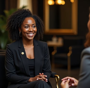 a woman in a black suit and a man in a suit