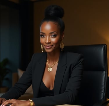 a woman in a black suit and gold jewelry