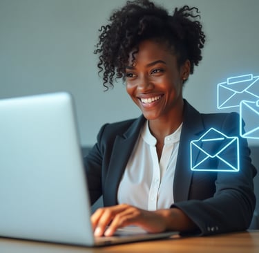 a black woman in a suit and a laptop computer